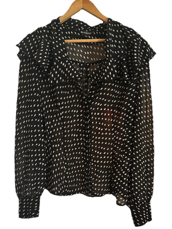 my collection Tops - JM Collection Black Blouse with White Dot Print and Ruffle Detail
